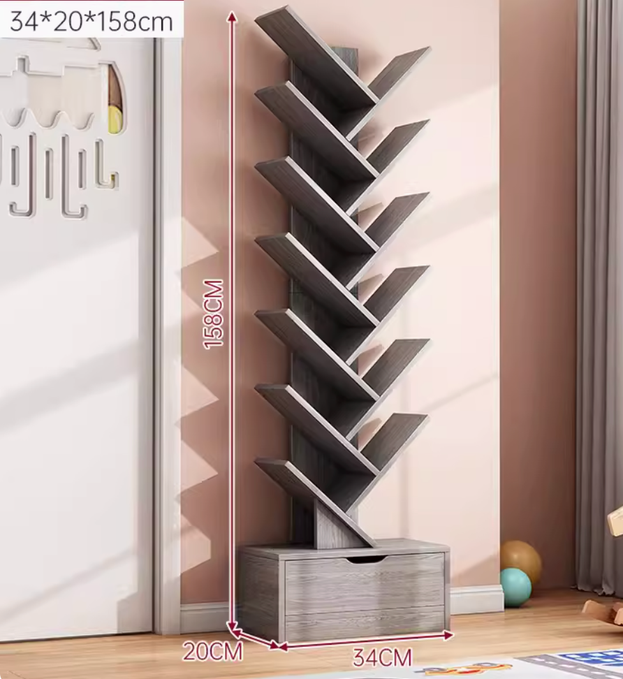 14-Tier Morandi Grey Tree-Style Wooden bookshelf
