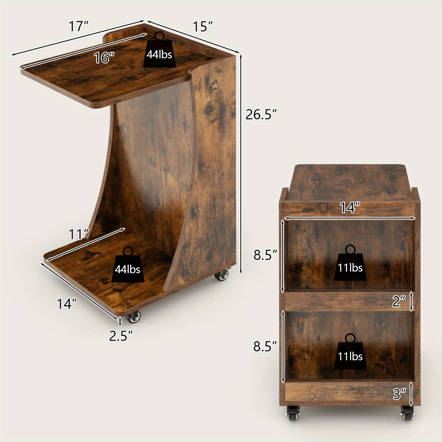 C-Shaped End Table with 3-Tier Storage & Wheels – Modern Rolling Sofa Side Table for Living Room, Bedroom, Small Spaces