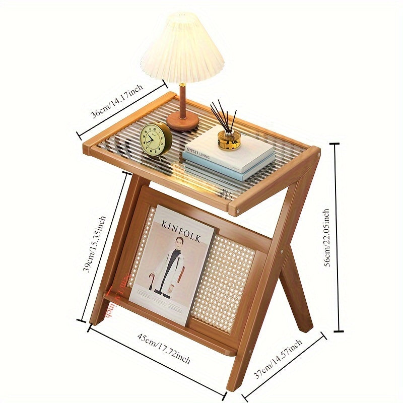 Modern Glass-Top Table with Bamboo & Rattan Pedestal – Perfect for Living Room or Bedroom Nightstand