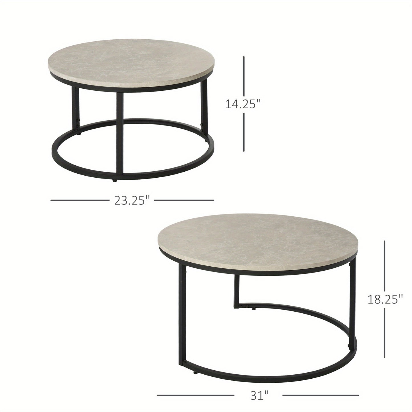 Round Nesting Coffee Table Set of 2 – Modern Cement Grey Side Tables with Metal Base for Living Room
